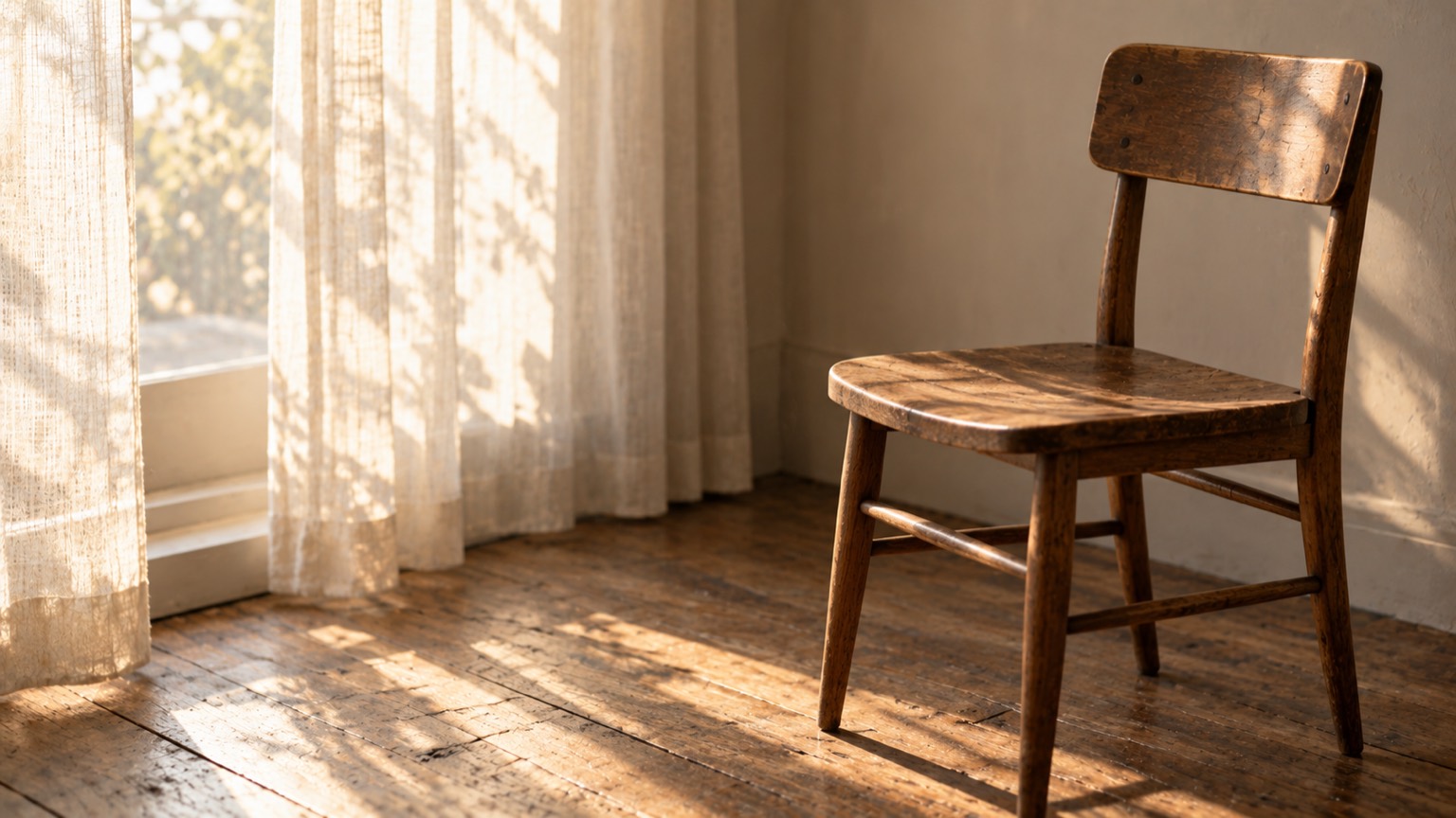 窓辺に置かれた木の椅子。レースのカーテン越しに光が入り、誰も座っていない