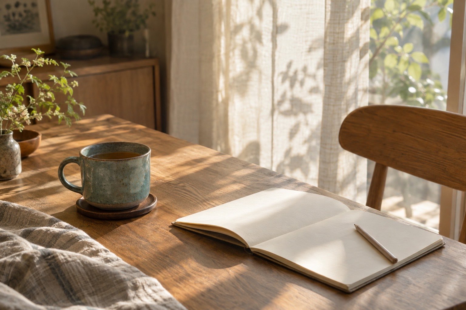 朝日が差すテーブルに置かれたお茶と、まだ白いノート
