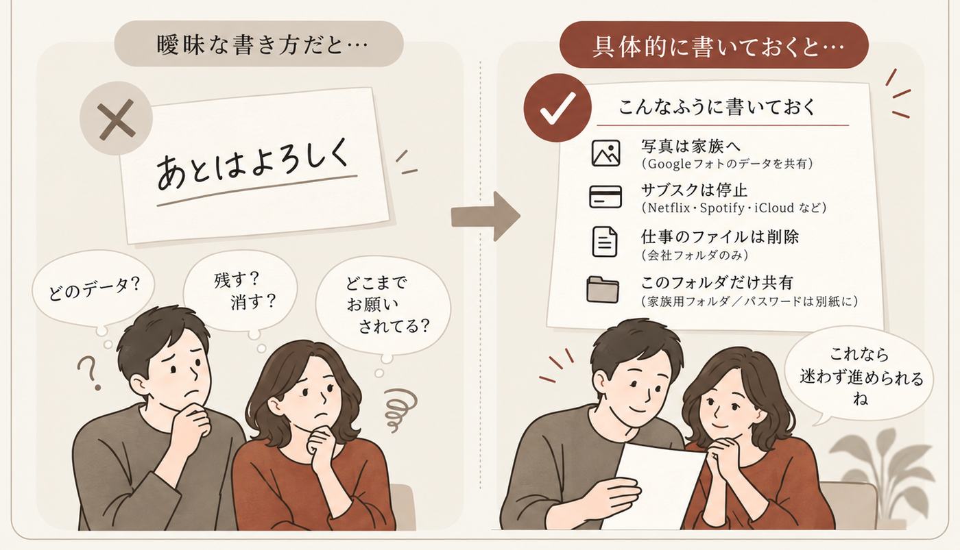 曖昧な書き方（あとはよろしく）だと家族が迷い、具体的に書いておくと迷わず進められる、という対比の図。
