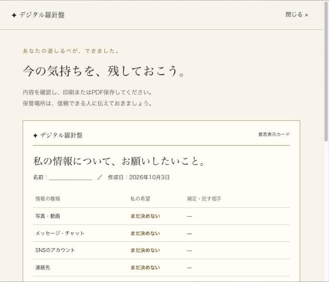 できあがり画面のスクリーンショット。作成日が入った意思表示カードが表示され、印刷・PDF保存ができる。