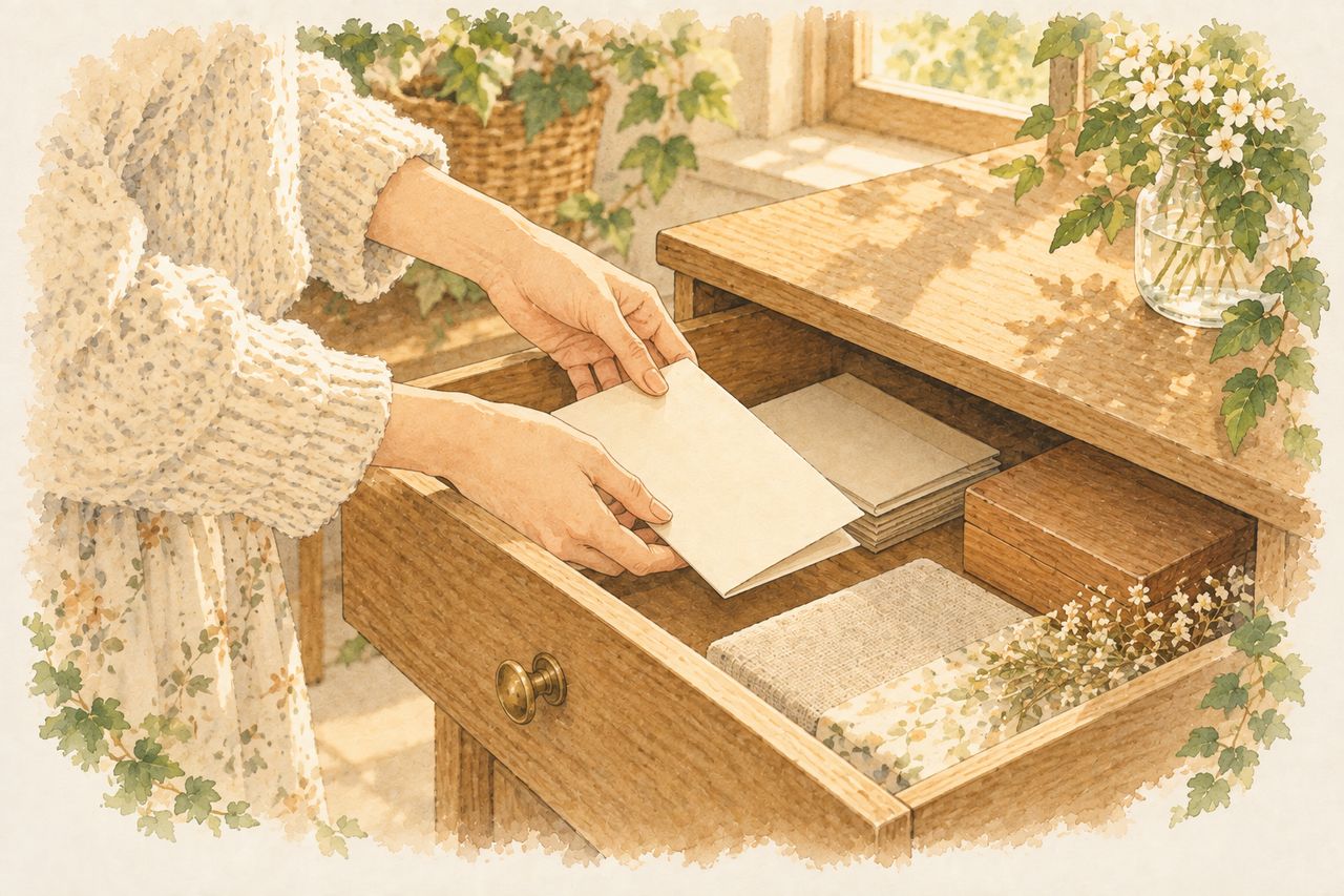 カードを引き出しにしまう手元