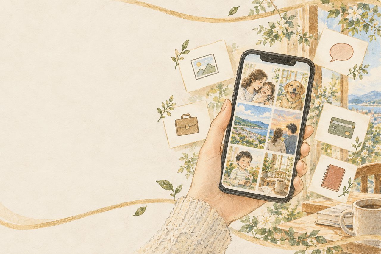 スマホの画面に並ぶ家族の写真と、メッセージ、仕事の資料、口座、メモを表す紙片