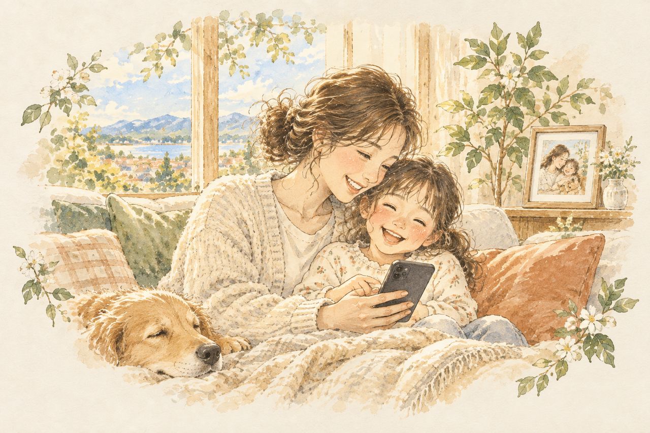 母と娘が、ソファでスマホの写真を笑って見ている