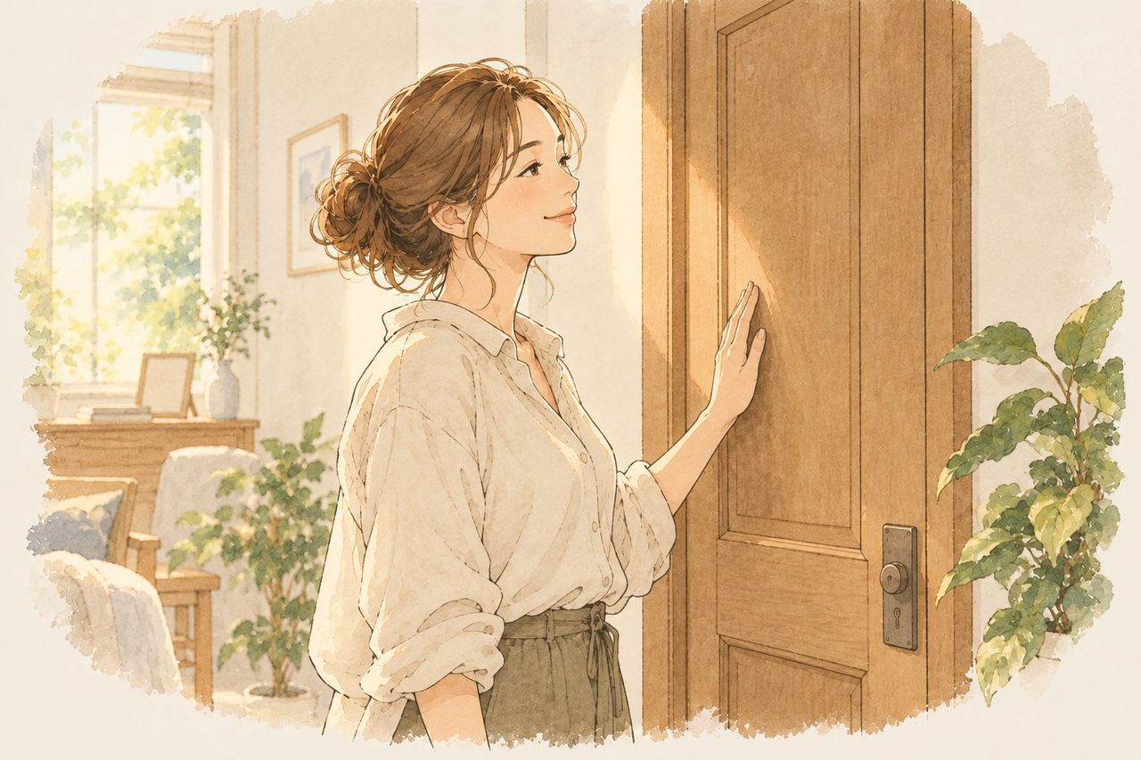 閉じた扉のそばで、穏やかに立っている