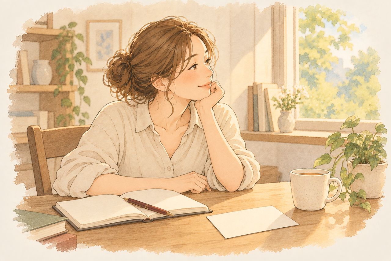 机で頬杖をつき、決めるのは後でいいと思っている