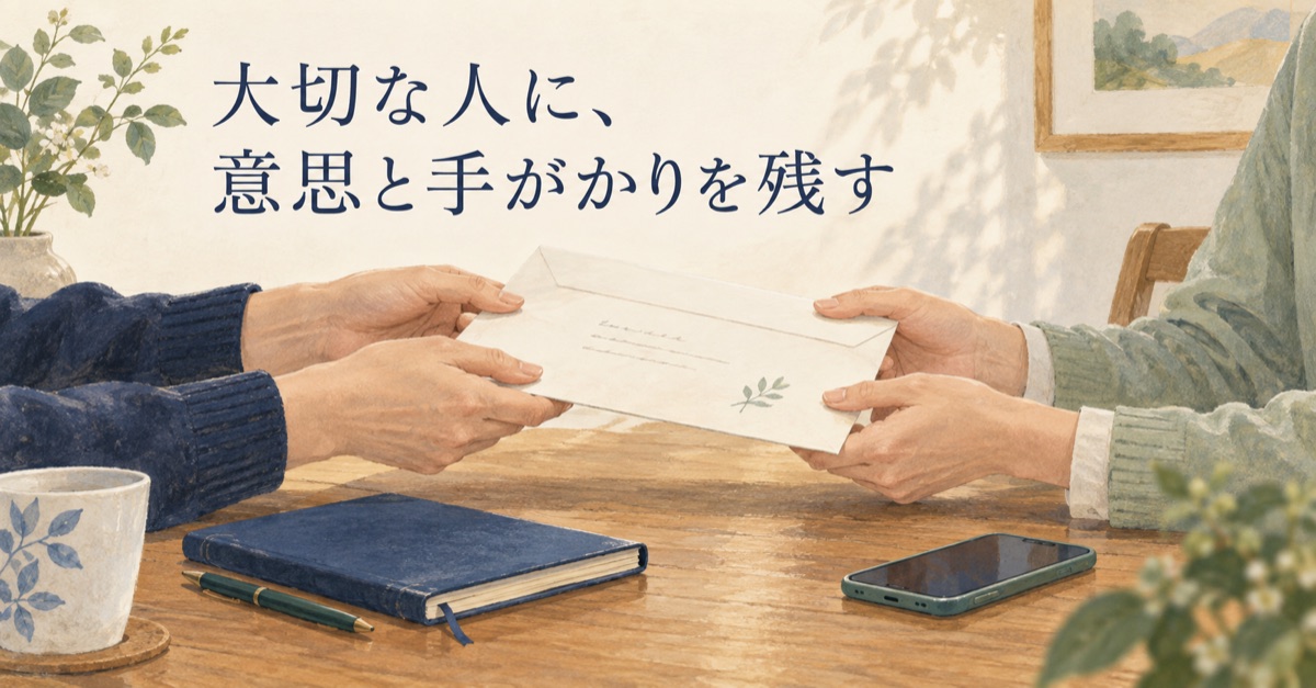 封筒を手渡す場面。大切な人に意思と手がかりを残すことを示す図