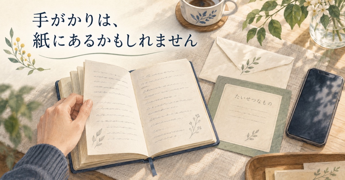 手帳や封筒が並ぶ机。手がかりが紙に残されていることを示す図