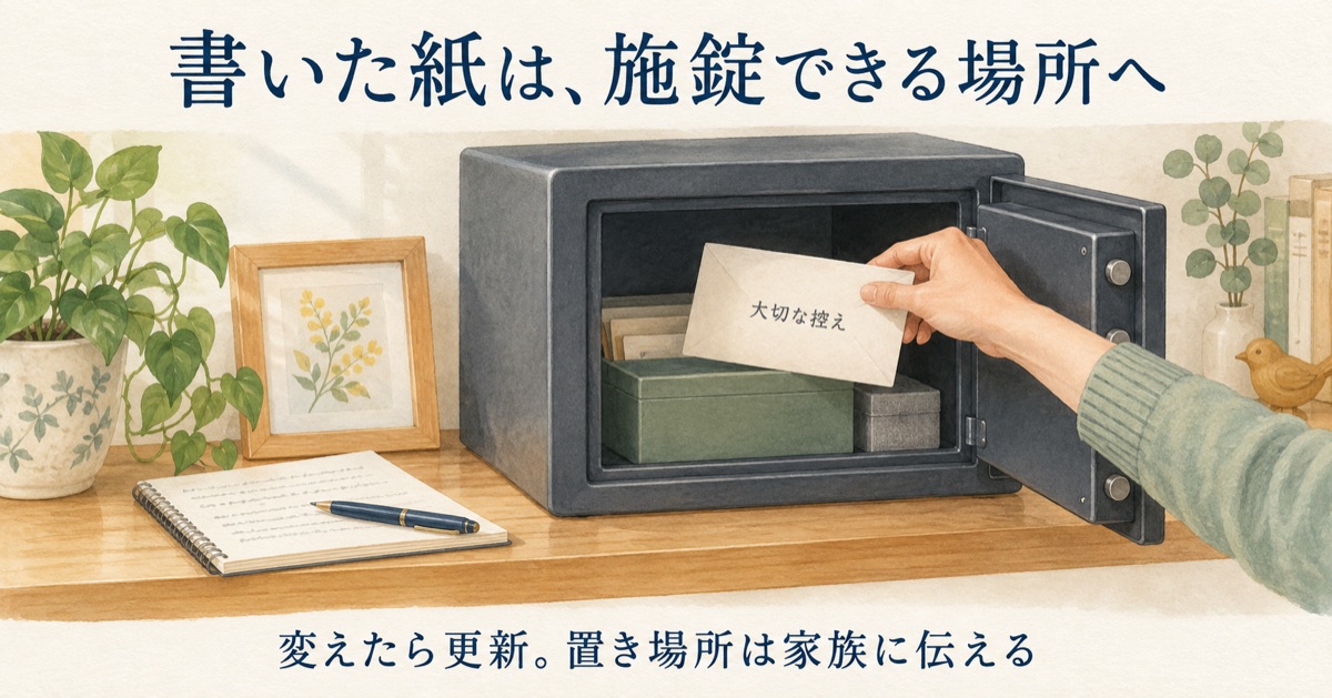 書いた紙を施錠できる場所にしまうことを示す図