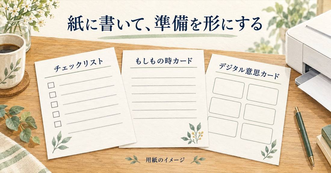 付録のチェックリスト、もしもの時カード、デジタル意思カードのイメージ